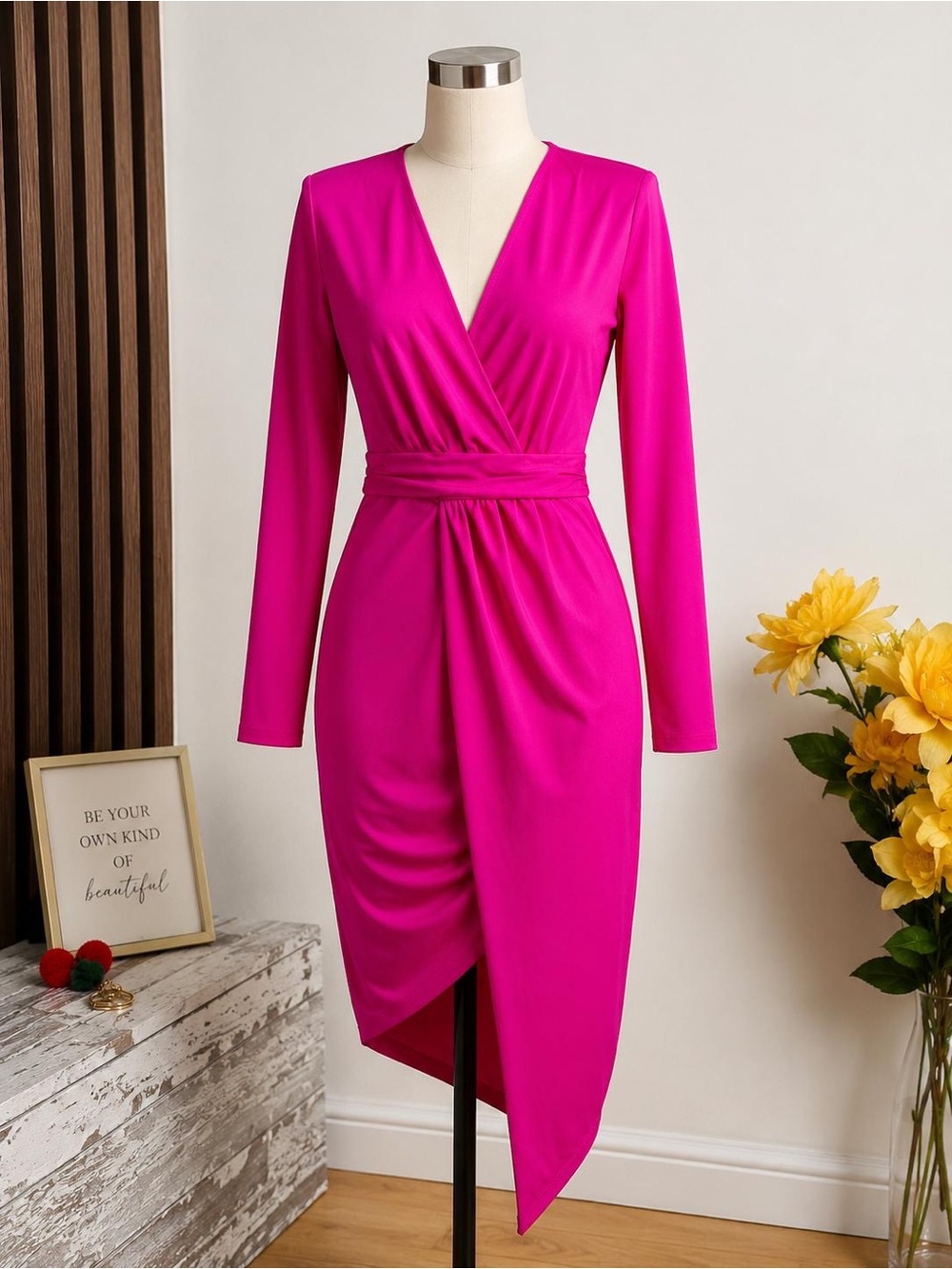 Wrap-Front Long Sleeve Dress in Fuchsia